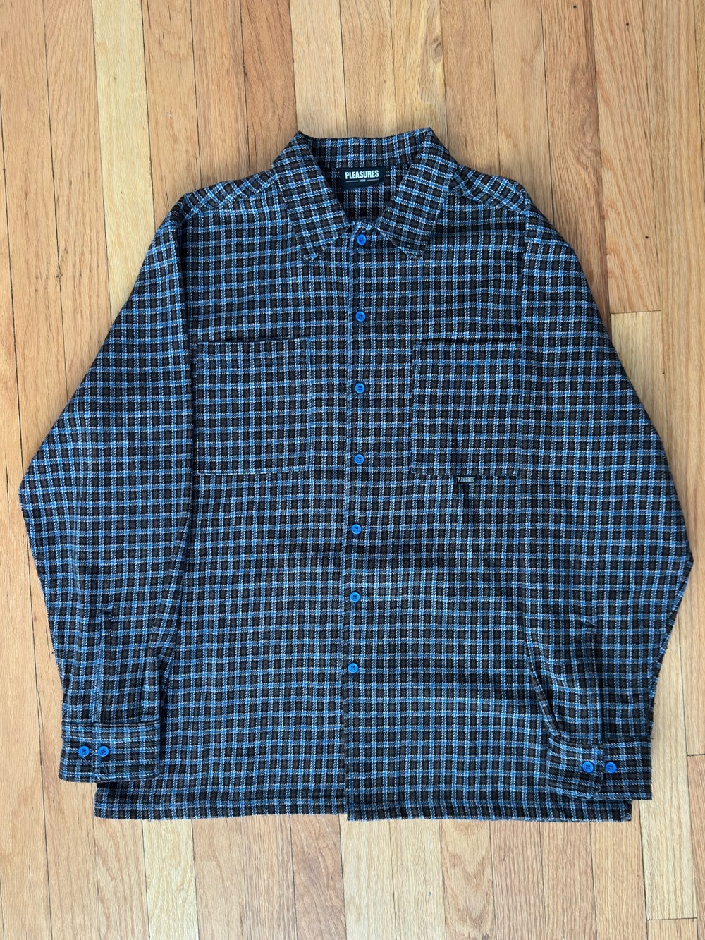 PLEASURES Men’s Blue and Brown Plaid Button-Down Shirt
